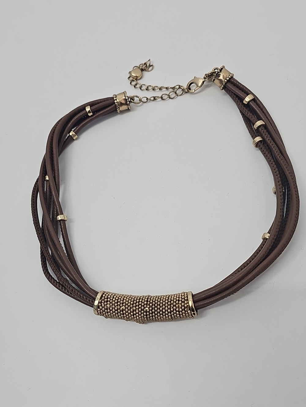 Chico's Brown Multi-Strand Faux Leather Choker Necklace with Gold Bead Accent